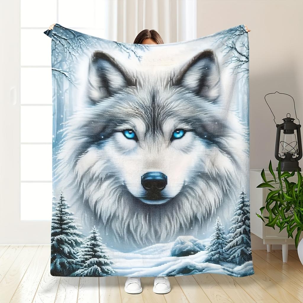 Blue Eyed Wolf Fleece Blanket Winter Forest Print Throw Soft Warm All Season Bedding Home Decor Gift For Wildlife Lovers