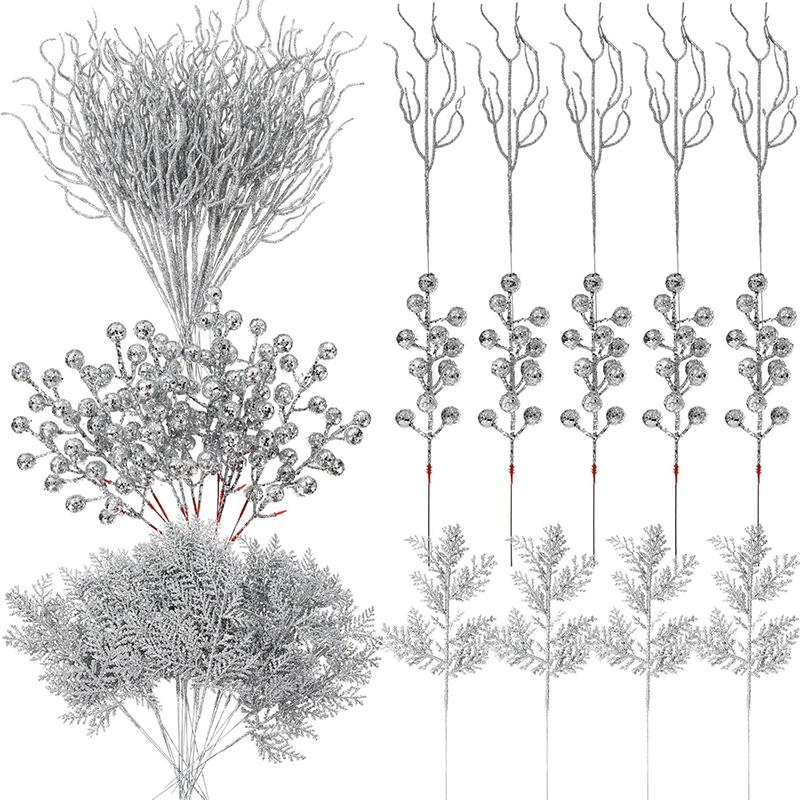 10Pc Glitter Branches Artificial Foam Berry Stalk Pine Needle Branch for Christmas Tree Ornament Home Decor DIY Wreath Supplies