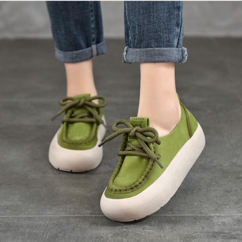 Johnature Genuine Leather Thick Soled Women's Shoes Casual Versatile Solid Color Flat Platform Shoes