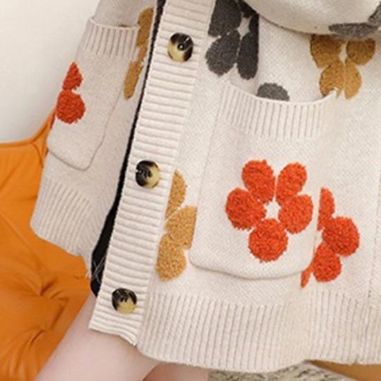 Women Sweater Coat V-Neck Long Sleeve Flower Pattern Knitted Cardigan with Pockets Loose Fit Autumn Winter Knitwear