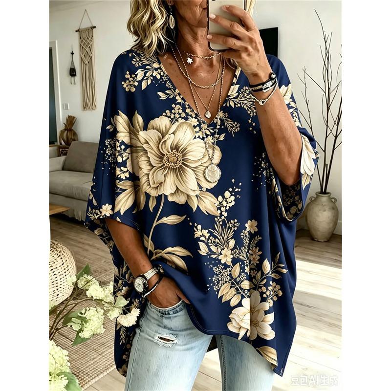 Printed Plus-Size Women's V-Neck Batwing Sleeve T-Shirt Bohemian Ethnic Print Loose Top Summer Comfortable Breathable Daily Commute Casual
