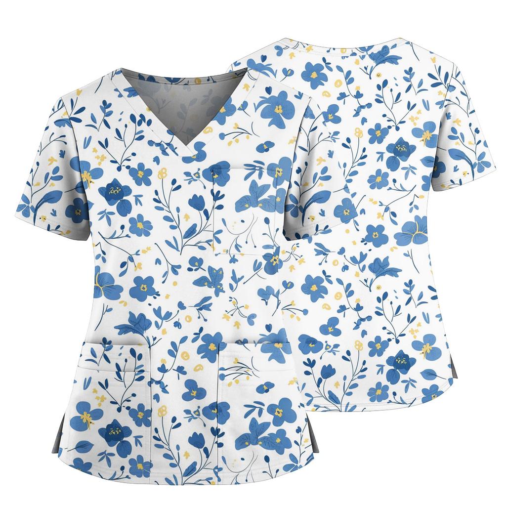 Damen Casual Bedrucktes V-Ausschnitt Taschen Seitennaht Schlitz Kurzarm Top