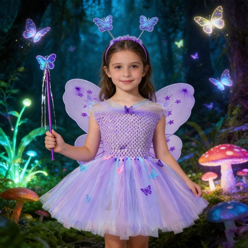 4Pcs Fairys Princess Costume Set with Butterfly Wing Angel Wand Tutus Dress Headband for Kids Little Girls