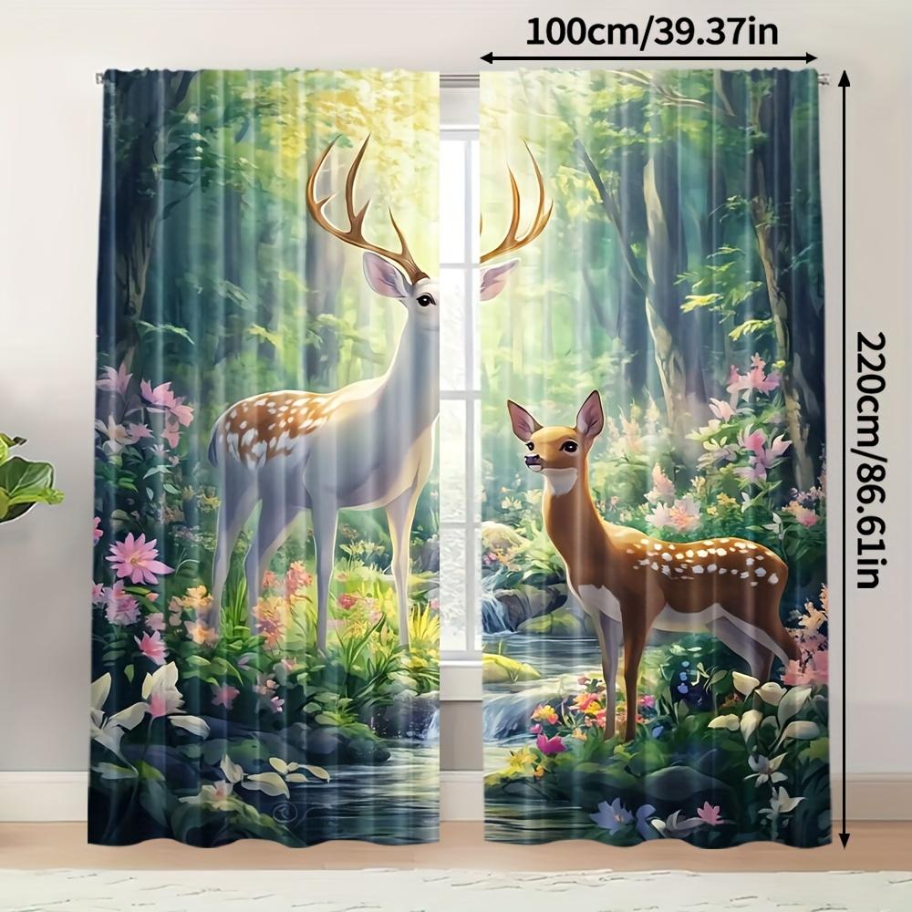 Set Of 2 Elegant Spring Floral Wild Elk Design Curtains Polyester Uv Filter Ideal Living Room Decor Curtain Machine Washable Perfect For
