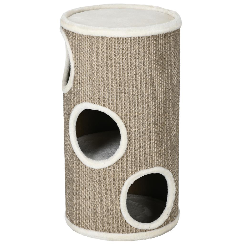 3-Tier Cat House with Sisal and Plush Scratching Post, Ø38x70cm, Brown
