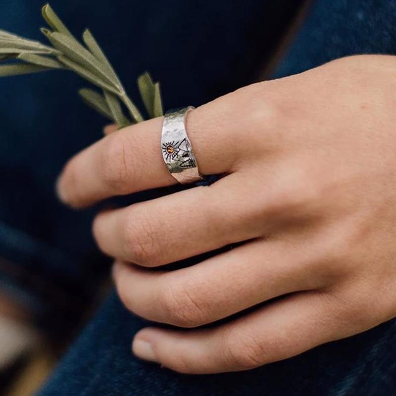Vintage Ring Forest Mountain Sunset Nature Landscape Carved Ring For Women Men Open Adjustable Jewelry Fashion Ring
