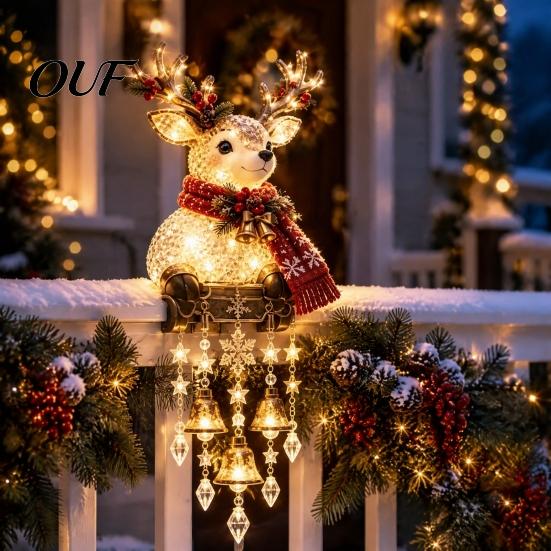 Warm Winter Night Decorations Lighted Christmas Railing Figurine, Cute Santa/Elk/Penguin/Gingerbread Cascading Holiday Lights Water Flowing