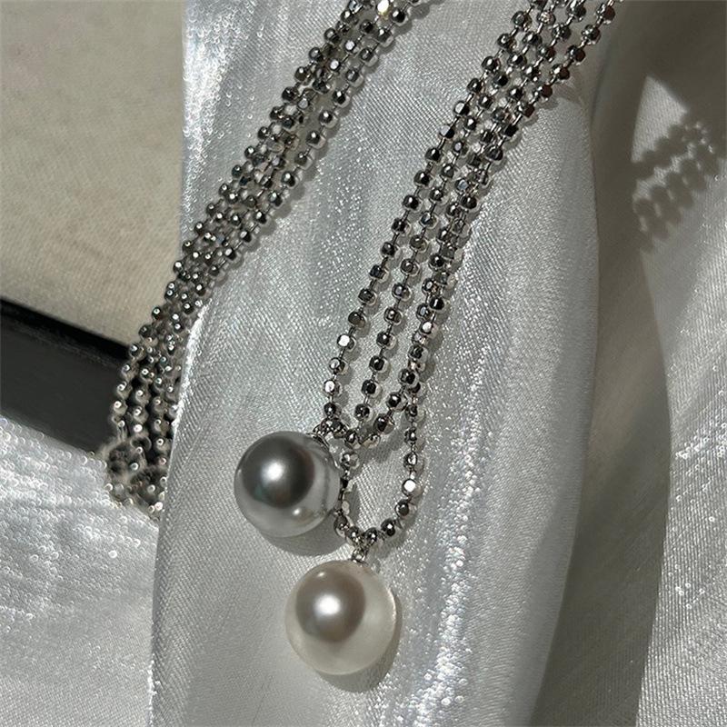 Yuan You Sterling Silver S925 Round Bead Chain High Luster Gray Pearl Crystal Drawstring Necklace