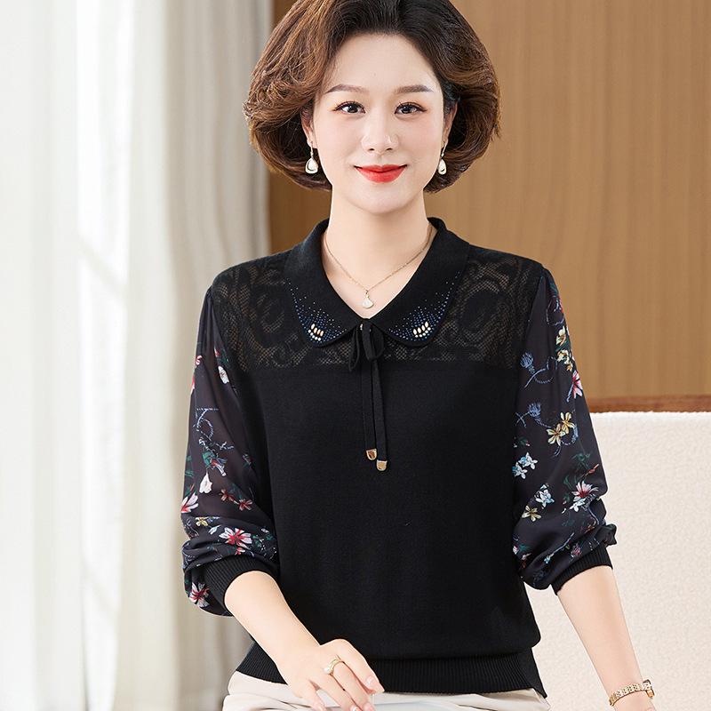 

Mom s Stylish Gauze Sleeve Knit Top - Long Sleeve Lapel T-shirt for Middle-Aged and Elderly Women (Spring/Autumn 2026) 125 (Recommended for 140-160 lbs) чёрный
