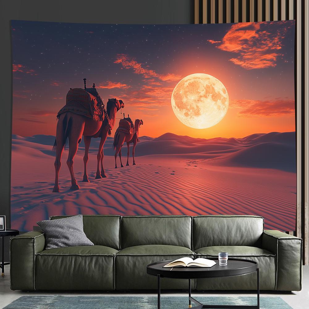 Desert Caravan Tapestry-Sunset Camel Wall Art, Golden Dunes with Full Moon, Bohemian Nation Bedroom Decoration