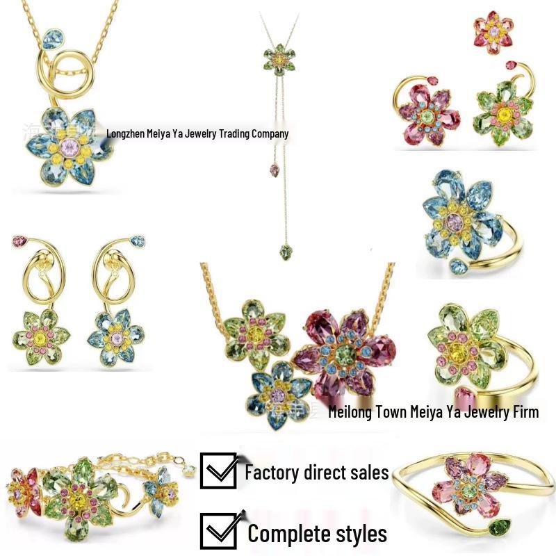 Shi Family Ldyllia Flower Pendant Necklace, Open Ring, and Elegant Colored Earring Set