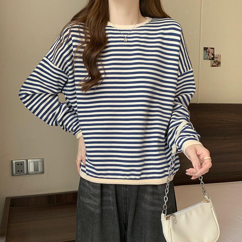 Polyester Fiber 100% 250g Striped Sweater Thin Autumn New Loose Crew Neck T Casual