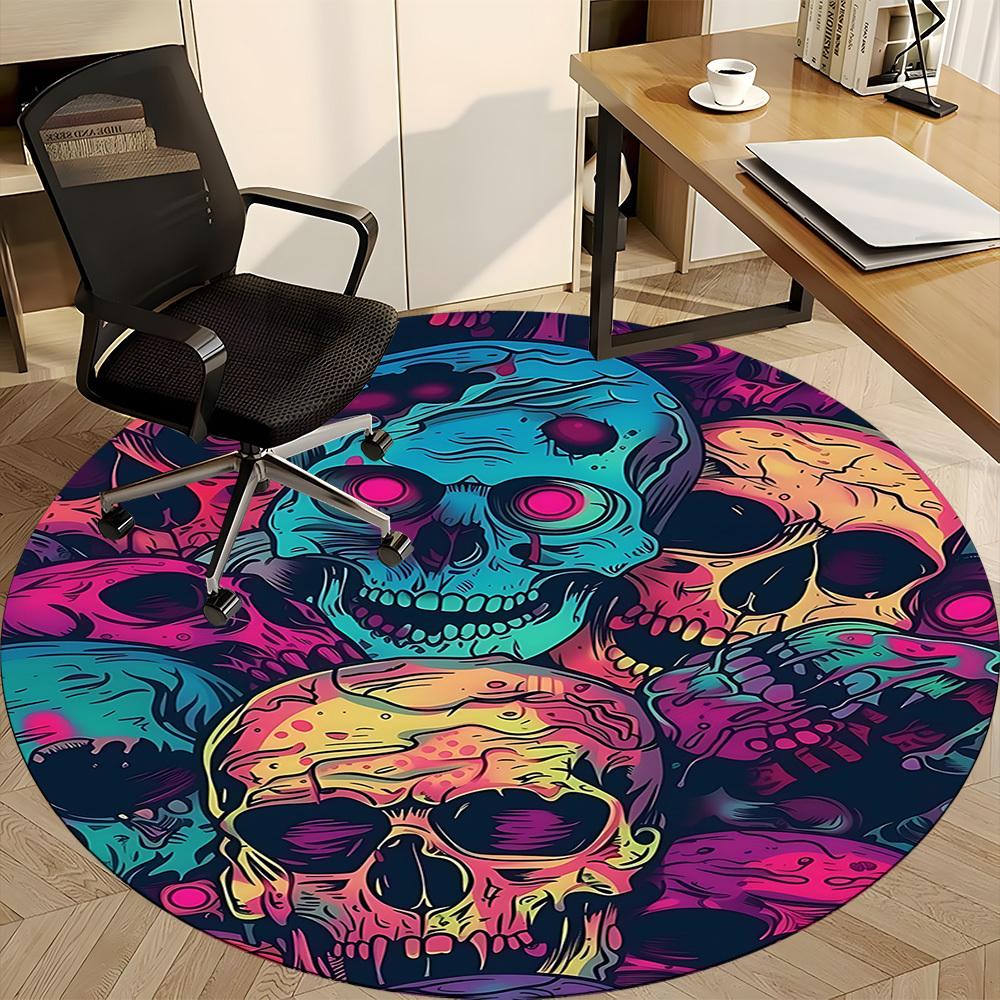 1PC Skull Vibrant Office Round Area Rug, Mat Suitable For Office, Under Office Chairs Bedroom Living Room Home Decor, Room Deco