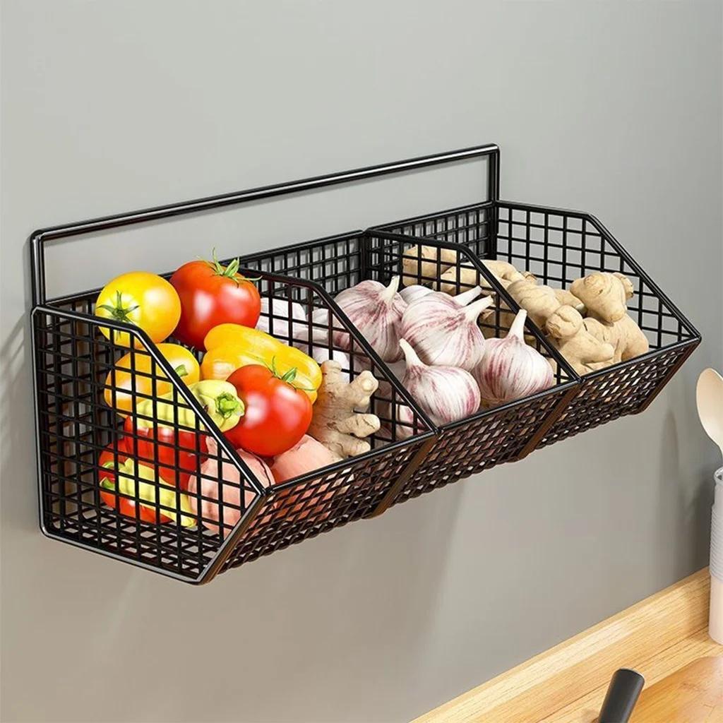Wall Mounted Kitchen Storage Basket Onion Ginger Garlic Storage Frame Durable Wire Storage Rack Perforation-free Vegetables Case