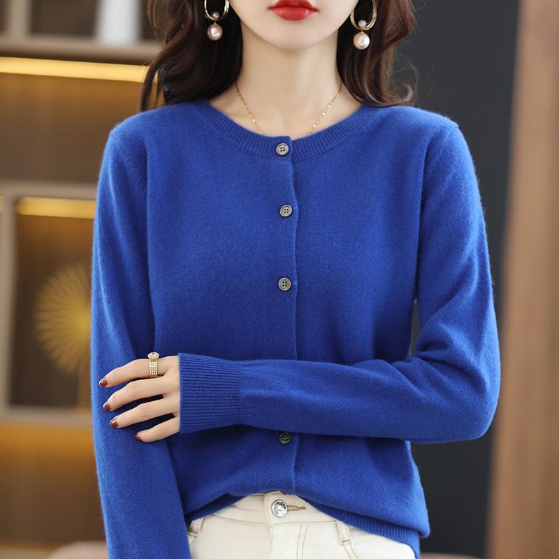 Women's Korean Style Cashmere Cardigan - Round Neck, Long Sleeve, Loose Fit, 100% Wool Knit Top for Spring/Autumn