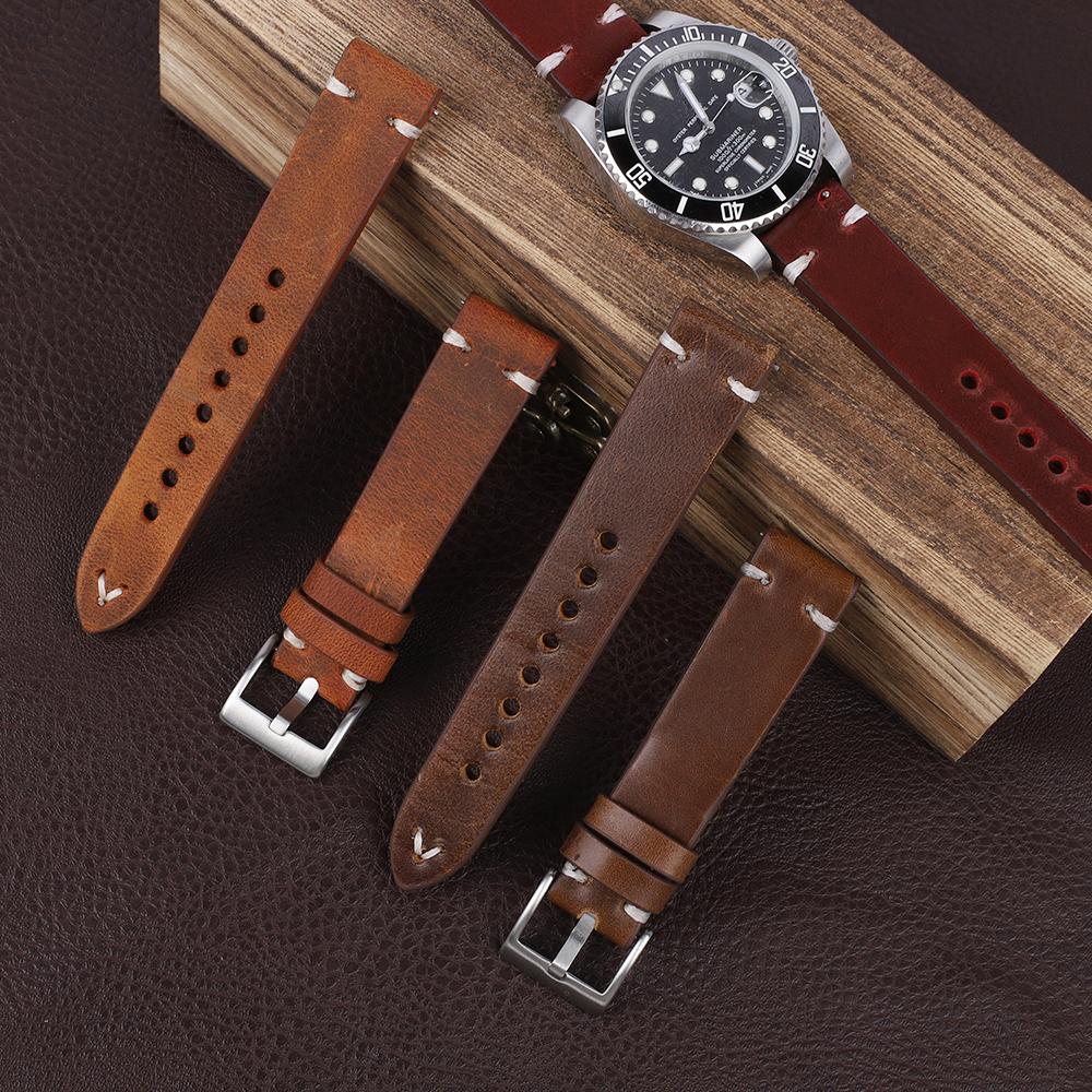 Vintage Genuine Leather Watch Band 19mm 20mm 22mm 24mm Brown Coffee Handmade Stitching Cowhide Strap Bracelet Watch Accessories