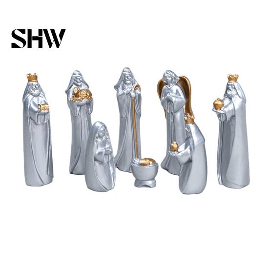 Indoor Holiday Home Decorations 8 Pcs Resin Nativity Figurines Set, Christian Scene Figures, Jesus Birth Religious Christmas Tabletop Miniature