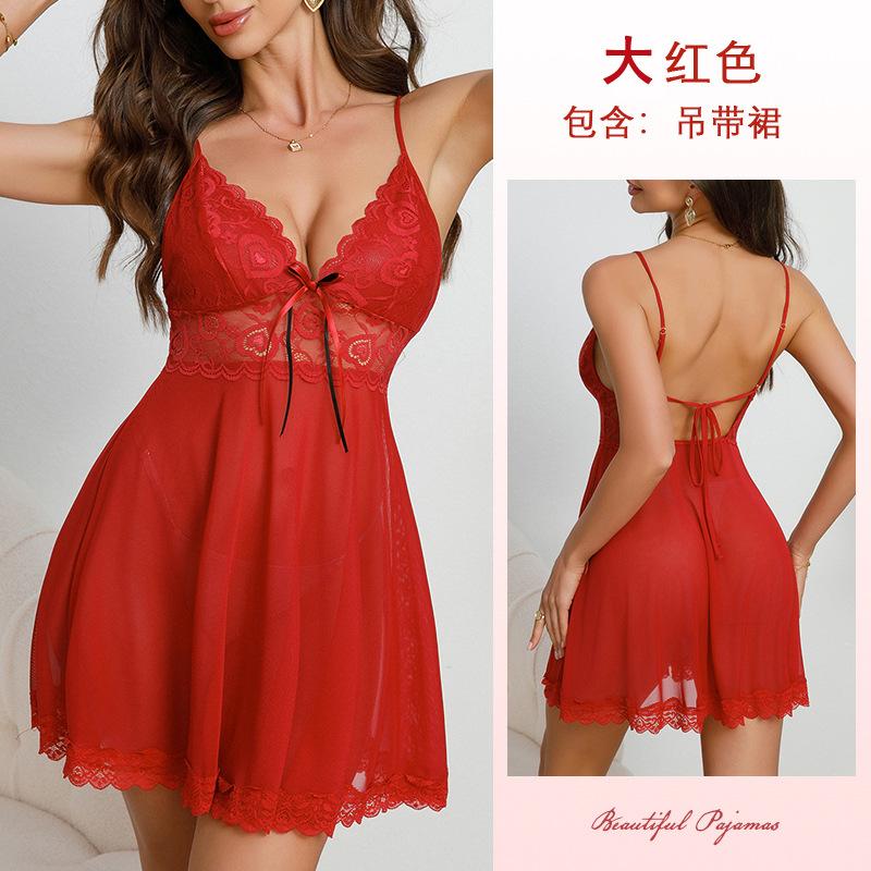 Multi-Style Sexy Lace Mesh Nightgown Deep V High Slit Print Cami Pajamas Women's Loungewear Versatile Seductive Sleepwear Collection with Diverse