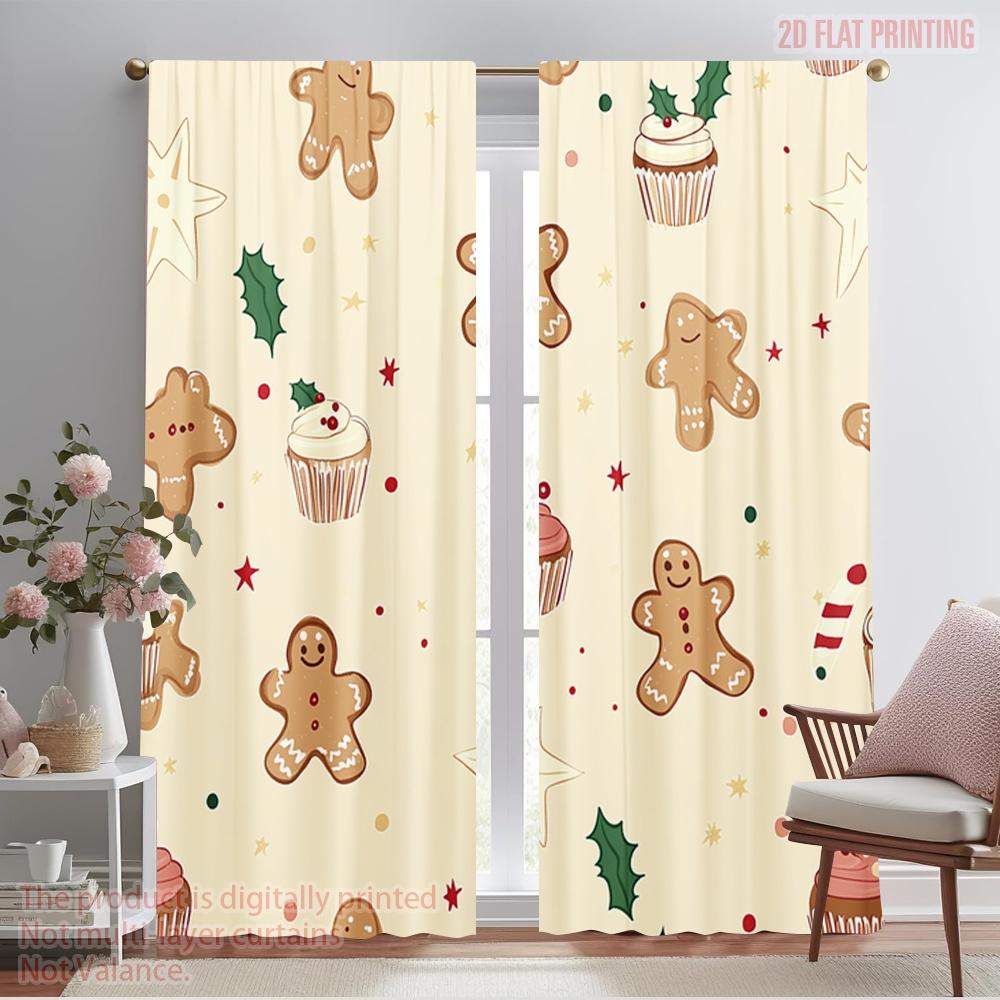 

2pcs,2D plane printing Curtain Fabric Christmas Cookies Gingerbread Stars Muffins (2) Versatile Polyester Fabric (without rod) 52.50×116.00 CM 2pcs