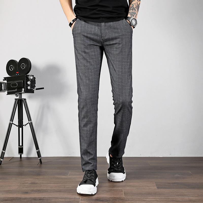 

Клетчатые брюки, мужские эластичные облегающие брюки, модные мужские брюки в корейском стиле с небольшими штанинами, сезонные мужские модные повседневные брюки 38