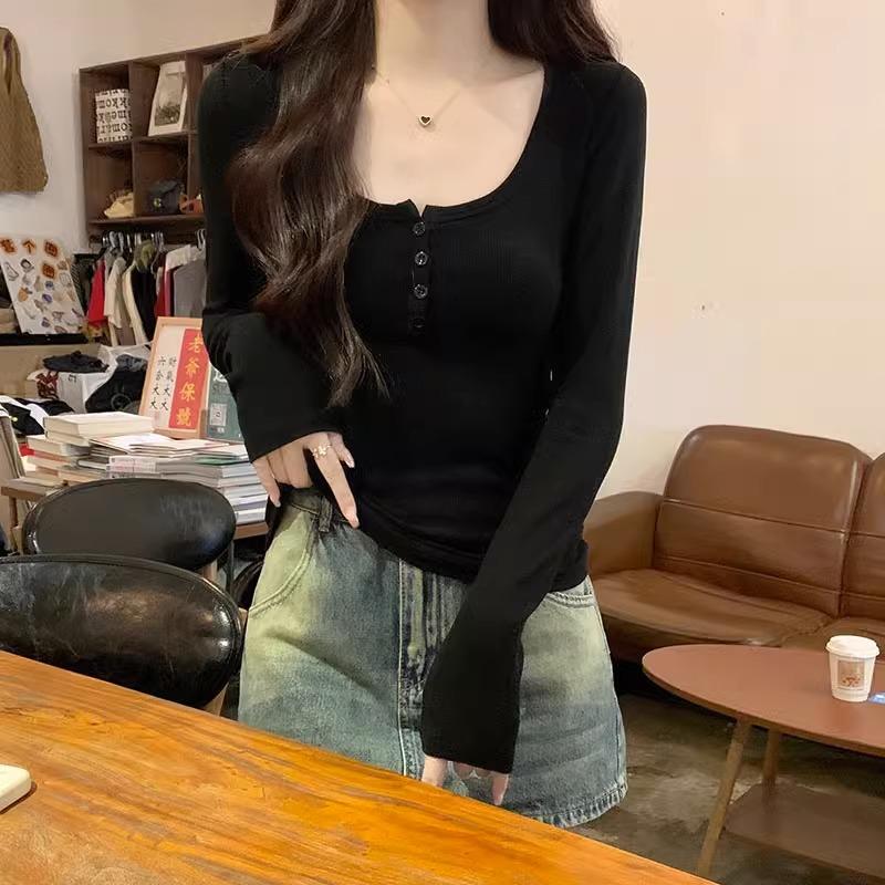 U-neck Right Shoulder Short Long-sleeved T-shirt for Women In Autumn New Gray Simple and Versatile Pure Lust Hot Girl Style Bottoming Shirt Top