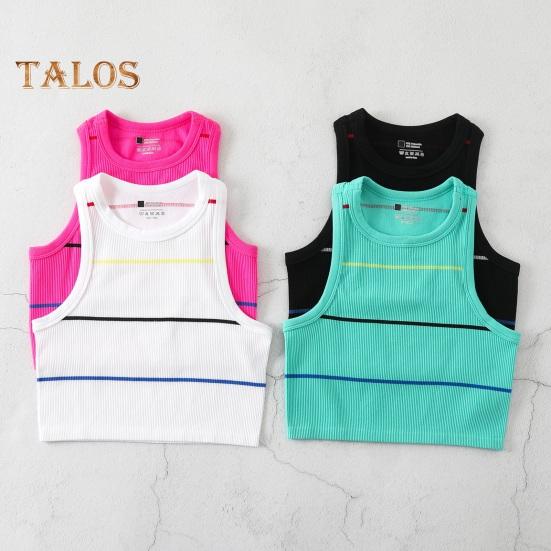 Damski prążkowany top na ramiączkach bez rękawów z okrągłym dekoltem, dopasowany, letni krótki top do noszenia na co dzień, na plażę, do sportu