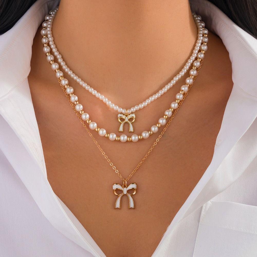 Pendant Clavicle Chain Women Bead Bowknot Clavicle Necklace Fashion Y2K Multilayer Necklace  Ladies