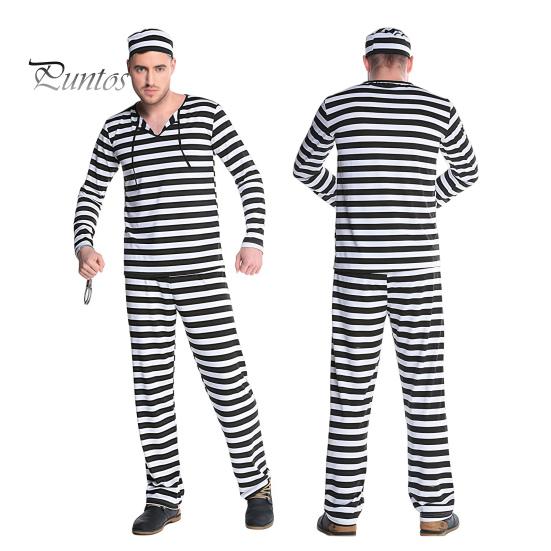 Prisoner Costume with Cuffs for Adult, Women Striped Mini Dress, Men Top Themed Party Costumes Pants, Halloween Dress-Up Jail Inmate Uniform