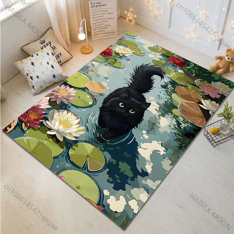 Multiple sizes Black cat walking among lilies Carpet for Living Room Bedroom Sofa Home Decor Rus Non-slip Floor Mat Luxury Gift