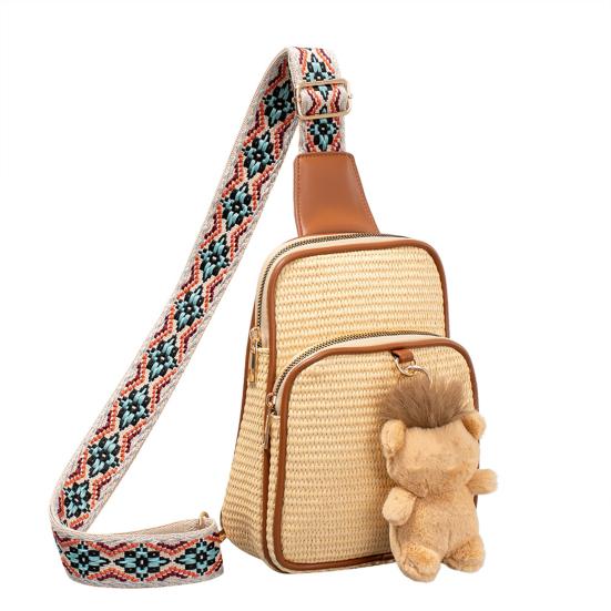 Women Crossbody Pack Straw Woven Chest Bag with Ethnic Strap Boho Shoulder Bag Crossbody Purse for Travel Vacation Street