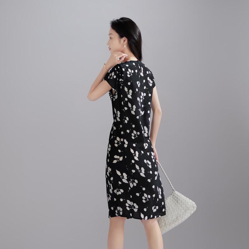SOFSIL 2026 Summer 100% Mulberry Silk Black Floral Midi Dress