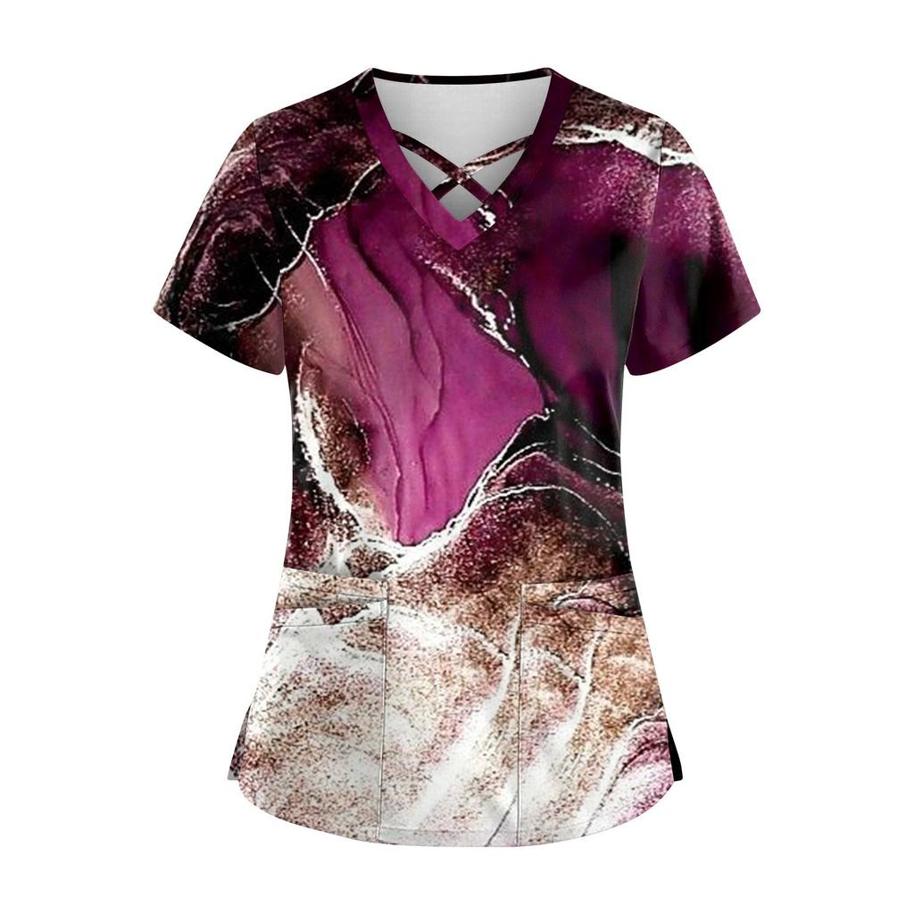 Plus size bonito impresso esfrega uniforme de trabalho topos para mulheres cruz com decote em v manga curta diversão camisetas workwear t com bolsos