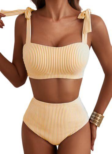 Women Two-piece Halter Vest Swimwear Sexy Striped Ruffle High Waisted Bikinis Set Female Bathing Suit Tie Strap Beachwear
