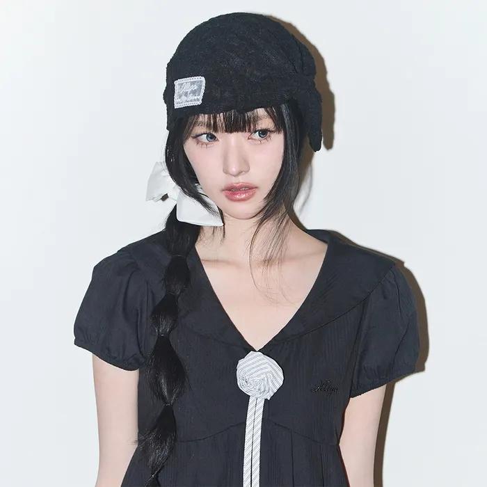 Black Bow Lace Beanie