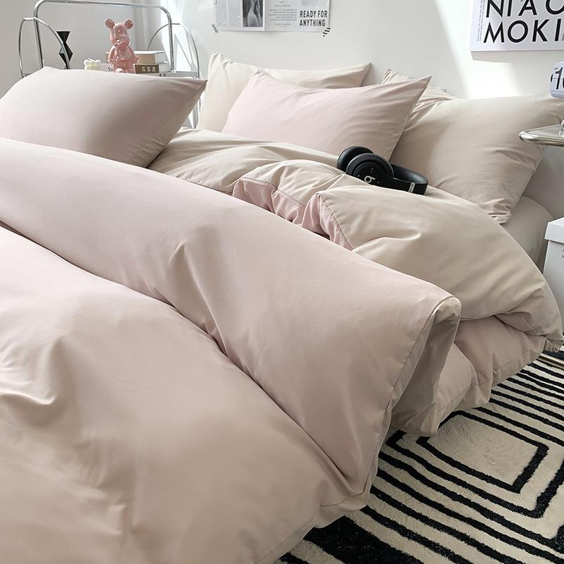 Solid-color Japanese Pure Cotton Four-piece Bed Cover Set with Double-sided Washed Cotton Bed Sheets and Quilt Cover