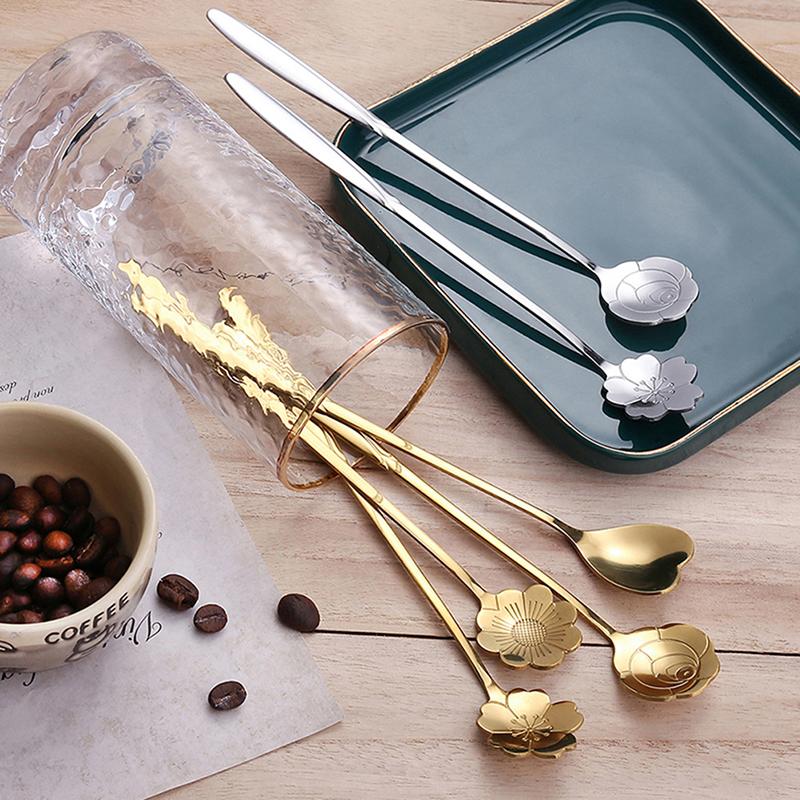 4Pcs/Set Mixing Spoons Small Flower Teaspoon Stainless Steel Coffee Spoon Cute Ice Cream Dessert Spoon Kitchen Accessories