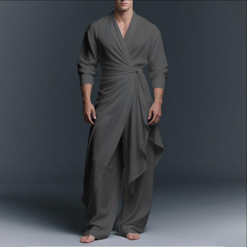 INCERUN 2PCS Men V Neck Long Sleeve Twisted Ruffled T-shirt Long Pants Sets Outfits