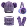 Winter Cute Double Ball Thick Hat Scarf Glove Foldable Earmuff 4PCS Set Kids