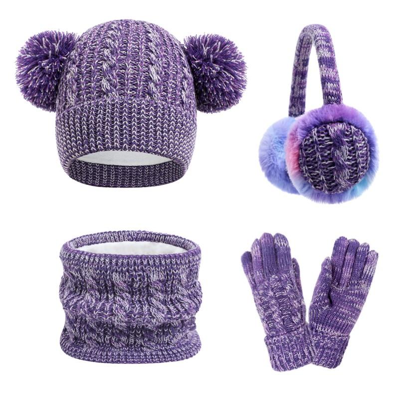 Winter Cute Double Ball Thick Hat Scarf Glove Foldable Earmuff 4PCS Set Kids