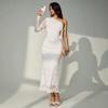 Women Sexy Lace One Shoulder Asymmetrical Hollow Out Bodycon Long Evening Party Dress