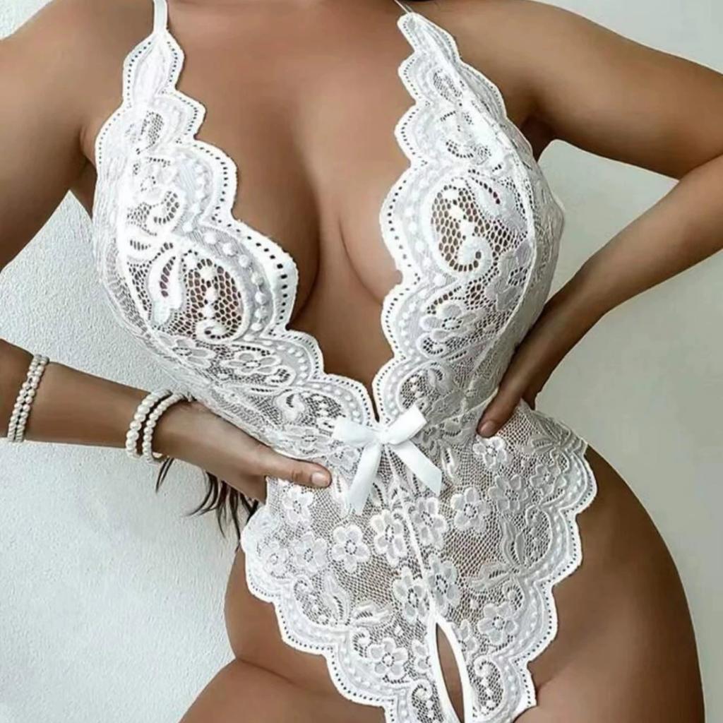 Women's Lace Jumpsuit Take Off Sexy Backless Neck Hanging Underwear Open Tie
