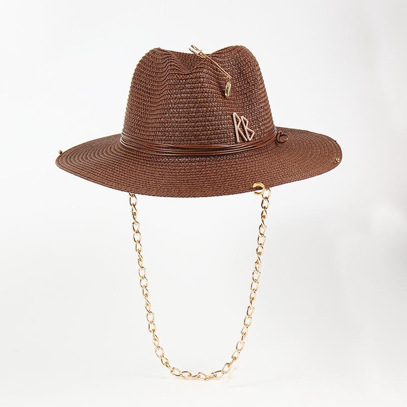 Designer Chain Wide Brim Straw Hat for Women, Spring Summer Sun Protection Fedora Beach Hat with Pin