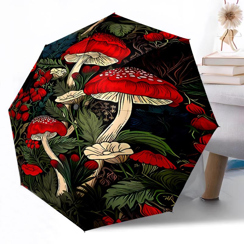Mystical Forest Mushrooms Compact Travel Automatic Umbrella Compact 8-Rib Design Durable Plastic & Iron Travel Essential Elegant Umbrella