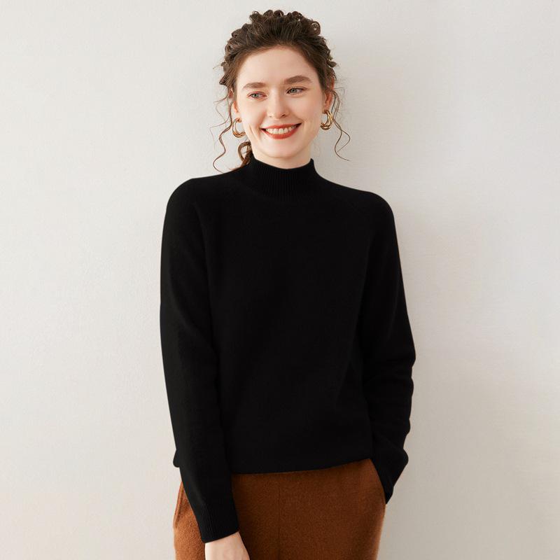 Women's Cashmere Double-Ply Thick Knit Sweater - Half-High Neck, Drop Shoulder, Versatile Solid Color, Autumn/Winter Warm Base Layer