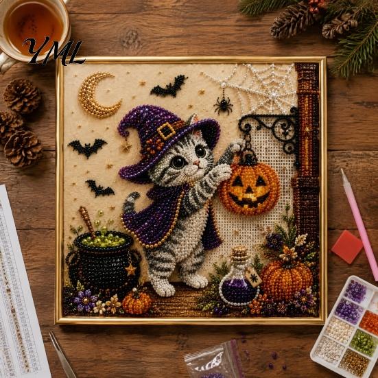 DIY Decorative Wall Hanging Halloween Cat Faux Pearl Painting Art Kit, Spooky 3D Beads Crafting Kits for Beginners Crafts, Cute Witch Gem Adults,