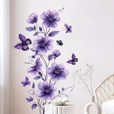 Purple Butterfly Floral Wall Sticker Removable Self Adhesive Bedroom Living Room Home Background Decor