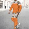 Men Orange Color Block Leopard Pumpkin Sunflower Print Long Sleeve Sweatshirt Jogger Pants Two Piece Suit