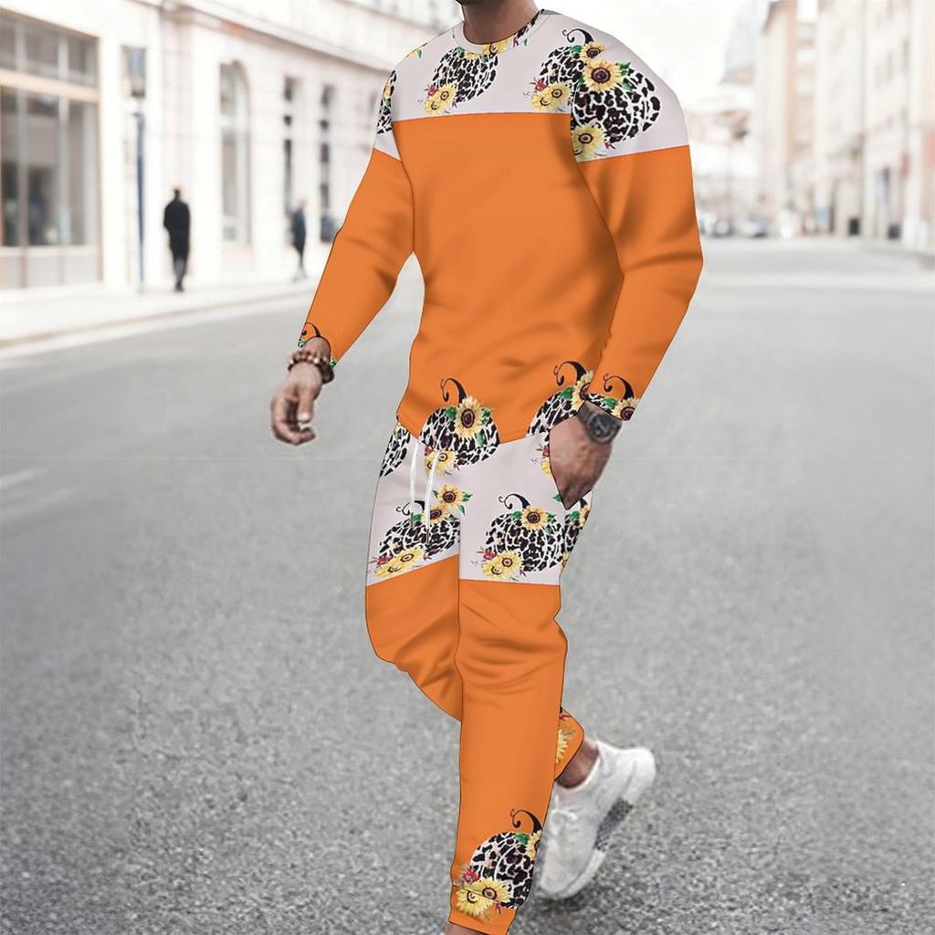 Men Orange Color Block Leopard Pumpkin Sunflower Print Long Sleeve Sweatshirt Jogger Pants Two Piece Suit