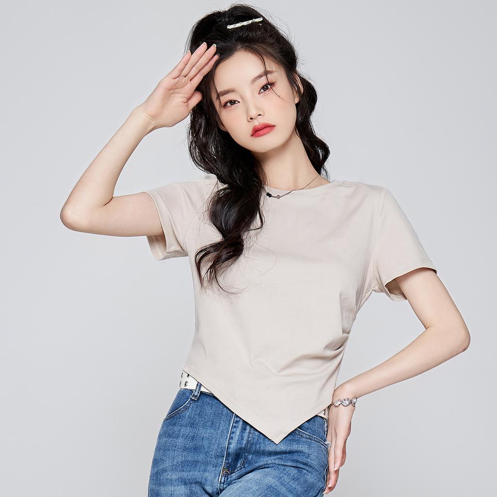 Irregular college style short sleeved T-shirt for women: casual, comfortable, versatile, slim fit and fashionable top