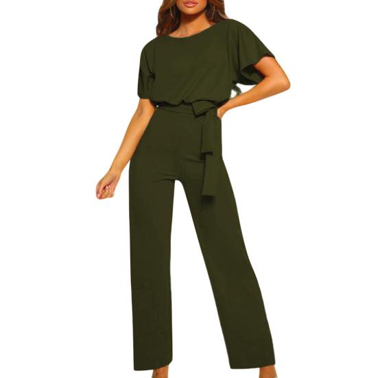 Women Jumpsuit with Lace-up Belt Wide Leg Short Sleeves Pure Color O Neck
